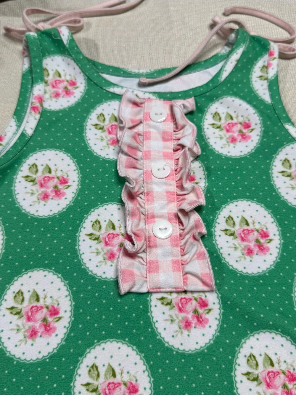 SweetHoney Green Floral Medallion Ruffle Dress Pink Gingham Girls 8Y